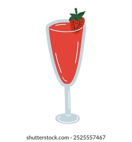 Cartoon strawberry cocktail isolated on white background. Vector illustration of strawberry drink in champagne glass. Hand drawn colorful beverage with strawberry.