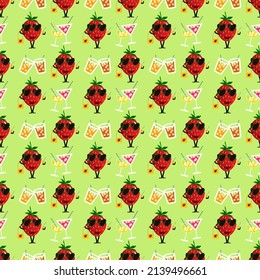 Cartoon strawberry and cocktail pattern. Summer season illustration. Vector on a colored background. For use in packaging, prints, fabric, covers and brochures, textile products, baby products, home