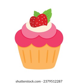 Cartoon strawberry cupcake cute flat sweet dessert muffin snack food vector clip art illustration isolated on white background