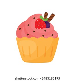 Cartoon strawberry cupcake cute flat sweet dessert muffin snack food vector clip art illustration isolated on transparent background