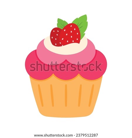 Cartoon strawberry cupcake cute flat sweet dessert muffin snack food vector clip art illustration isolated on white background