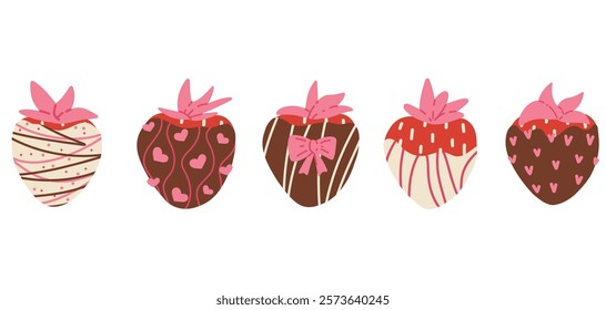 Cartoon strawberry dipped in chocolate. Set of strawberries covered with chocolate isolated on a white background, vector hand drawn illustration