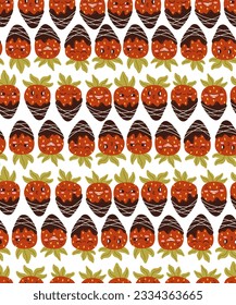 Cartoon strawberry fruit mascot, emoji expressions vector seamless pattern. Funny face food character emoticon chocolate dessert texture.
