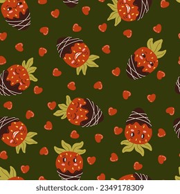 Cartoon strawberry fruit mascot, emoji expressions vector seamless pattern. Funny face food character emoticon chocolate dessert texture.
