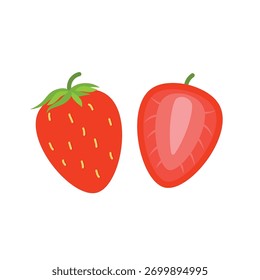 Cartoon Strawberry with Half Slice on White Background. Minimalist Summer Fruit Graphic Element Vector. Fresh Whole and Cut Red Strawberry Icon Design.