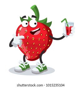 cartoon strawberry holds a glass in his hand