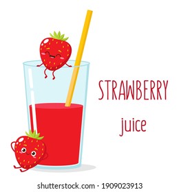 Cartoon strawberry juice in glass vector illustration. Red berry cute characters