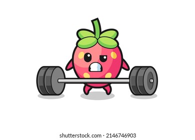 cartoon of strawberry lifting a barbell , cute design