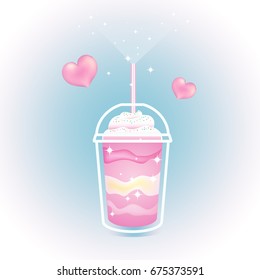 Cartoon strawberry milkshake with whipped cream and a straw. Vector illustration