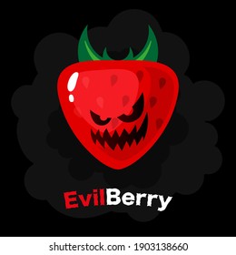 Cartoon strawberry on a black background. A berry with an evil emotion