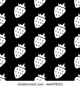 Cartoon strawberry pattern with doodle berry. Cute vector black and white strawberry pattern. Seamless monochrome strawberry pattern for fabric, wallpapers, wrapping paper, cards and web backgrounds.