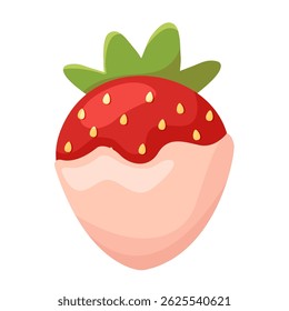 Morango de Desenho Animado com Nata Rosa Mergulhando e Folhas Verdes