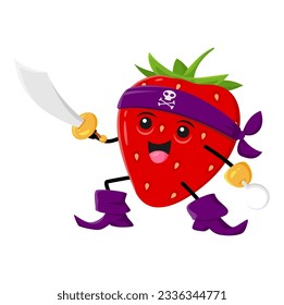 Cartoon strawberry pirate with saber. Happy brave vector berry corsair character with hand hook wear bandana and boots attacking with cutlass. Isolated smiling freebooter picaroon game personage