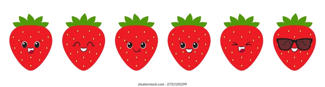 Cartoon strawberry set, cute and fun character, beautiful berry, happy smiling face, big eyes, emotions joy delight, kawaii style, icon vector children's illustration.