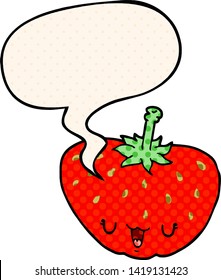 cartoon strawberry with speech bubble in comic book style