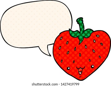 cartoon strawberry with speech bubble in comic book style