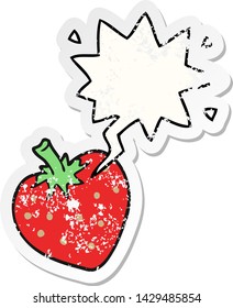 cartoon strawberry with speech bubble distressed distressed old sticker