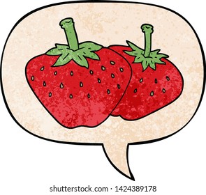 cartoon strawberry with speech bubble in retro texture style