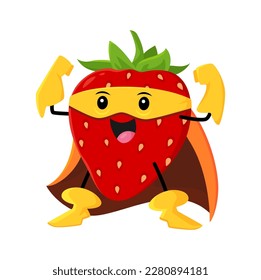 Cartoon strawberry superhero character. Funny vector super hero garden plant personage in cape and mask showing muscles demonstrating strength and power. Isolated strong healthy smiling vigilante