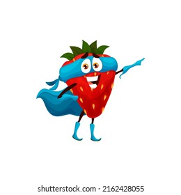 Cartoon strawberry superhero personage, vector fruit food. Funny berry guard character in super hero costume, blue mask, cape and gloves, brave and strong strawberry emoji