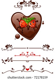 Cartoon strawberry supine in chocolate heart and decorative elements