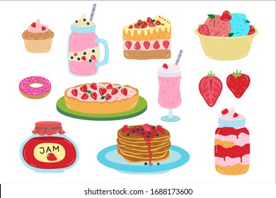 Cartoon strawberry sweets, dessert, vector illustration. Set of flat stickers isolated on white. Strawberry confectionery, homemade pancakes with jam, kraft cupcakes, delicious ice cream and cocktail.