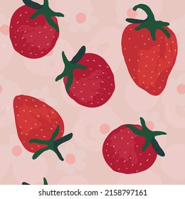 Cartoon Strawberry Vector Seamless Pattern. Colorful Candy Fruity Texture. Pink Floral Fruit Wallpaper. Red Berry Summer Print.