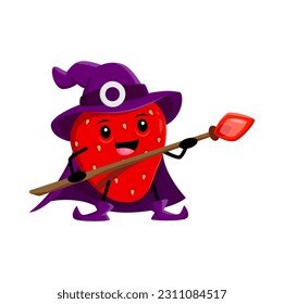 Cartoon strawberry wizard or magician berry character. Vector mage, necromancer fairytale personage with magic staff. Funny smiling sorcerer, vitamin food wiz wear purple cape and hat casting spell