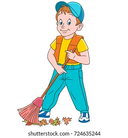 Cartoon street cleaner (sweeper) sweeping out autumn leaves. Colorful book page design for kids and children.