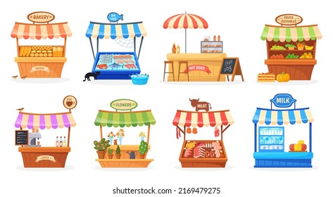 Cartoon Street Counter. Market Stall Festival Stands Buying Farmer Food Product, Wood Kiosk Commercial Tent Fresh Bread Coffee Bakery Farm Sale, Neat Vector Illustration Stall Market Street Festival