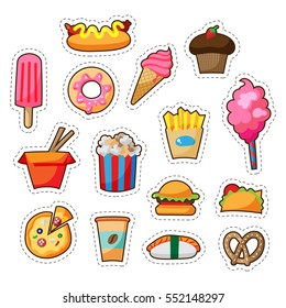 Cartoon street food pa?th badge set with cute elements