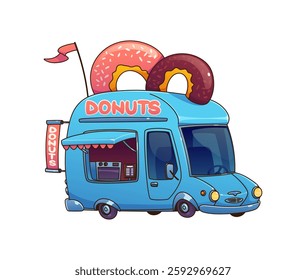 Cartoon street food donut truck, vintage festival foodtruck. Isolated vector blue van with a serving window and bakery equipment offering sweet treats, and desserts. Mobile vending and pastry service