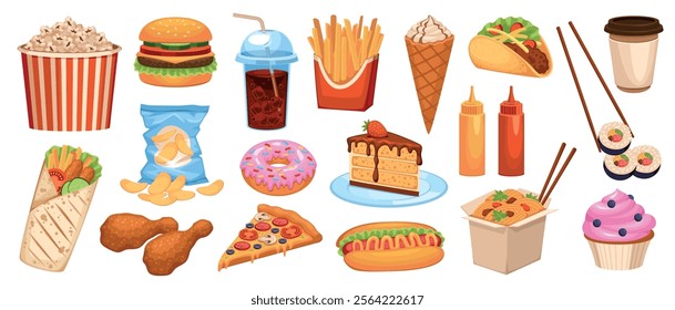 Cartoon street food. Fast, junk meal, deep fried snacks, high cholesterol, obesity, pizza and burger, hot dog, french fries, chips, sweet cake and ice cream, sushi and popcorn tidy vector set