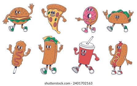 Cartoon street food mascots. Burger character, slice of pizza, doughnut and taco. Corn dog, burrito, soda drink and hot dog vector set of cartoon character burger