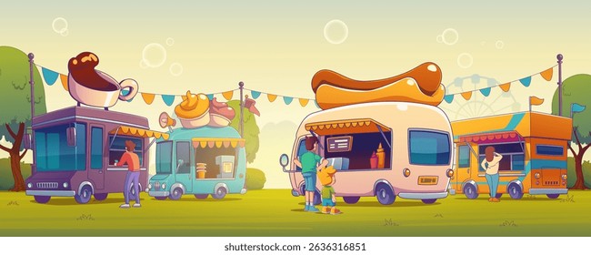 Cartoon street food truck festival scene - colorful mobile vendors selling coffee, ice cream, hot dogs with giant decorations. Characters order from trucks parked on grass with festive bunting.