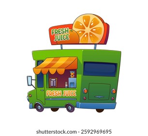 Cartoon street food truck with fresh juice, vintage festival foodtruck. Vector green retro vehicle for mobile vending service, features awning, serving window with equipment, and orange slice on top