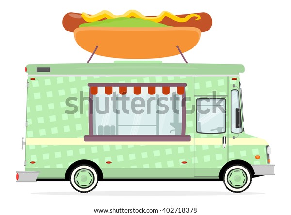 Cartoon\
street food truck on a white background.\
Vector