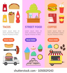 Cartoon Street Food Truck Stall Kiosk Banner Vecrtical Set Fastfood Coffee, Hotdog, Candy and Ice Cream Concept Flat Design Style. Vector illustration of Kiosks or Truks
