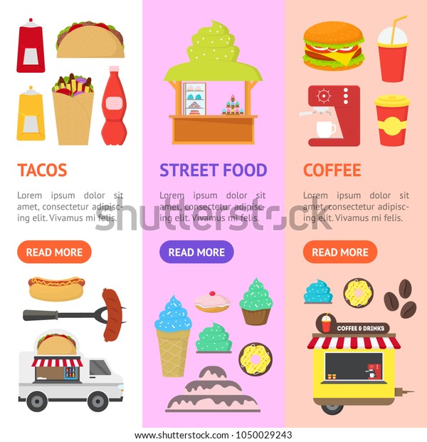 Cartoon Street Food Truck\
Stall Kiosk Banner Vecrtical Set Fastfood Coffee, Hotdog, Candy and\
Ice Cream Concept Flat Design Style. Vector illustration of Kiosks\
or Truks