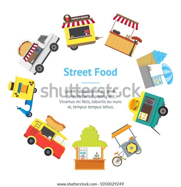 Cartoon Street Food Truck\
Stall Kiosk Banner Card Circle Fastfood Coffee, Hotdog, Candy and\
Ice Cream Concept Flat Design Style. Vector illustration of Kiosks\
or Truks