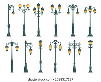 Cartoon street lamp. Retro city lights. Forged vintage poles. Openwork cast iron lampposts. Electric streetlights. Outdoor illumination. Gothic urban park elements