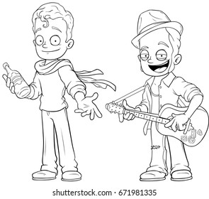 Cartoon street musicians with guitar black and white character vector set for coloring