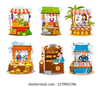 Cartoon street shops set. Fruits, vegetables, spices, grains, seafood and bakery markets. Vector local business illustration