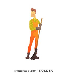 Cartoon street sweeper at work, street cleaner character vector Illustration