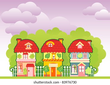 Cartoon street with three colorful houses
