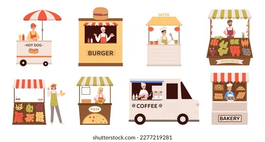 Cartoon street vendors, seller burger, coffee and hot dog. Vendor market, fresh farmers fruits and vegetables. Stall bazaar snugly vector set