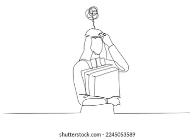 Cartoon of stress arab man having headache while holding folder of document. Single continuous line art style
