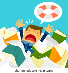 Cartoon Stressed Businessman Drowning In Paperwork 