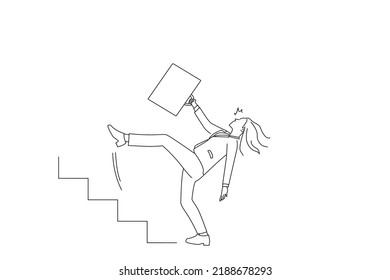 Cartoon of stressed businesswoman falling down from ladder stairs. Business crisis and failure concept. Outline drawing style art
