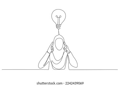 Cartoon of stressed muslim businesswoman contemplate think hard for ideas touch forehead with fingers. One line art style